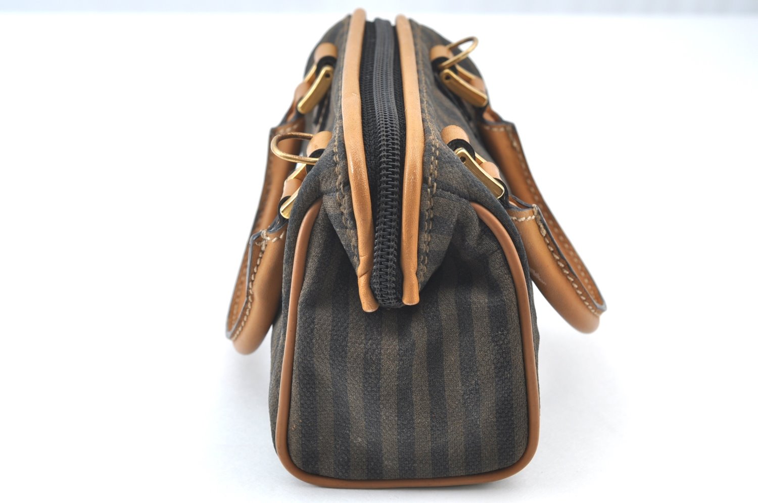 Authentic FENDI Pequin Vintage 2Way Hand Bag Purse PVC Leather Brown Black 1256I