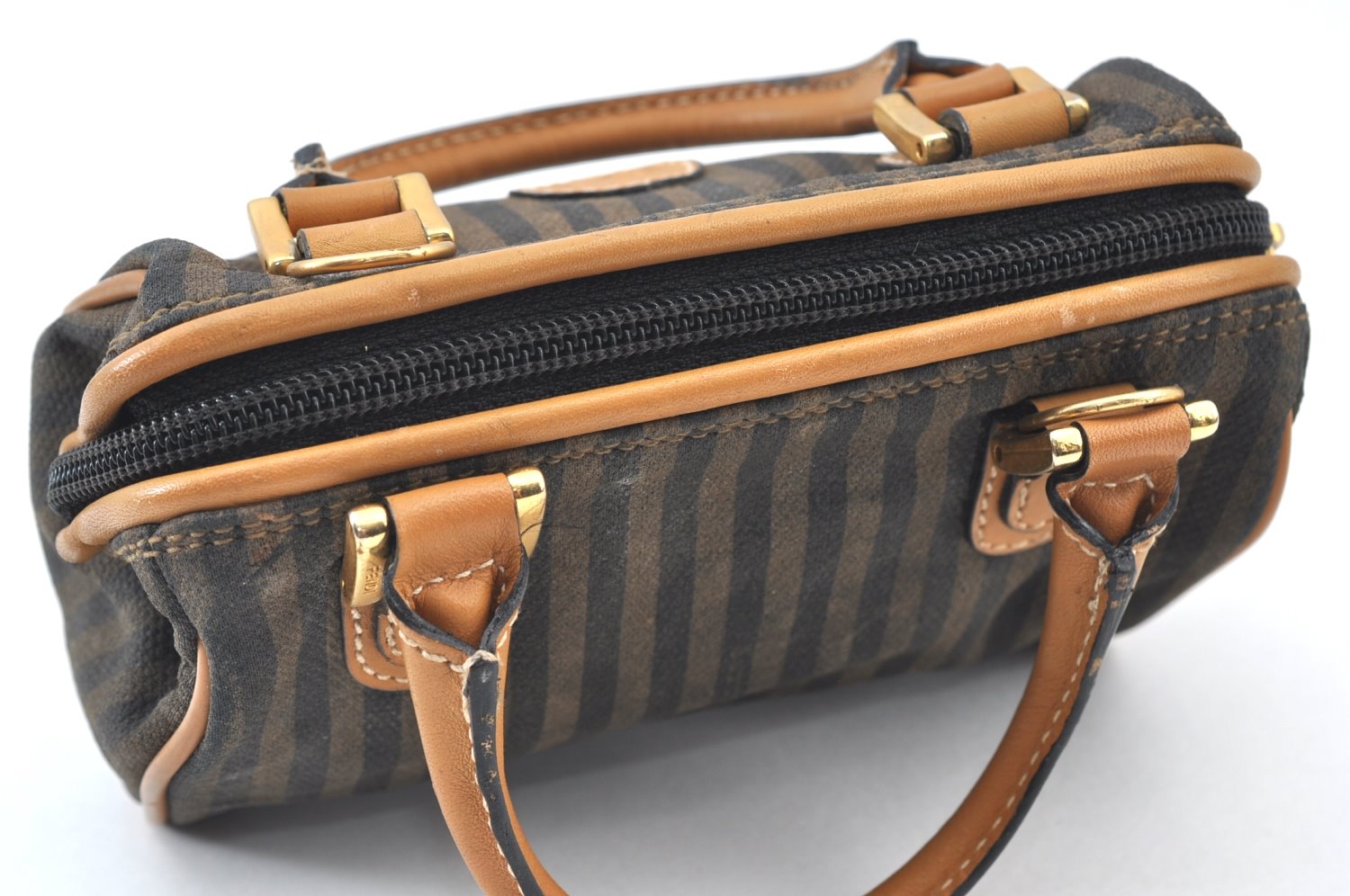 Authentic FENDI Pequin Vintage 2Way Hand Bag Purse PVC Leather Brown Black 1256I