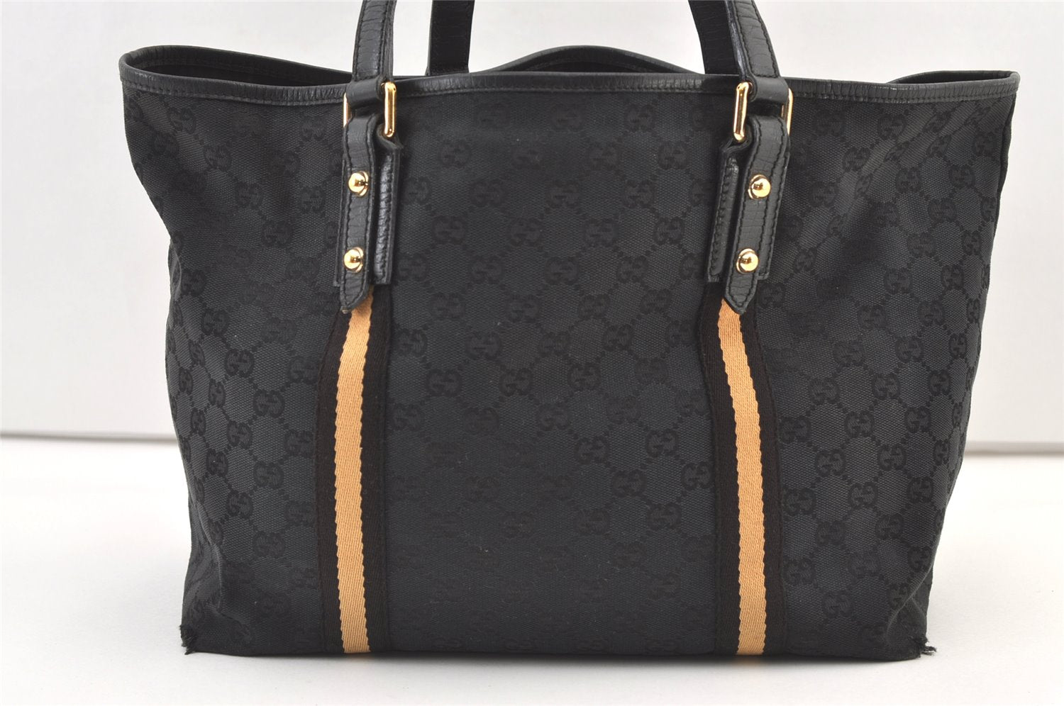 Authentic GUCCI Sherry Line Tote Bag GG Canvas Leather 139260 Black 1260K