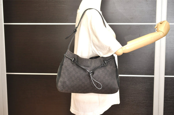 Authentic GUCCI Horsebit Shoulder Hand Bag GG Canvas Leather 101975 Black 1261K