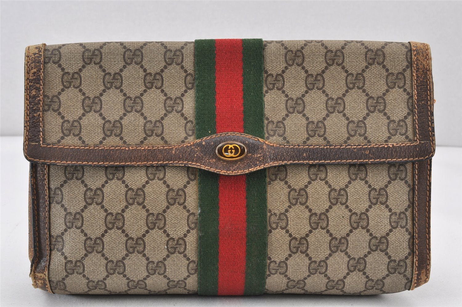 Authentic GUCCI Web Sherry Line Clutch Hand Bag GG PVC Leather Brown Junk 1263K