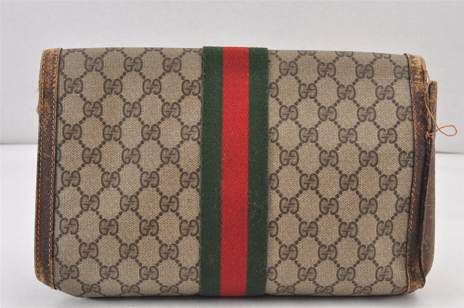 Authentic GUCCI Web Sherry Line Clutch Hand Bag GG PVC Leather Brown Junk 1263K