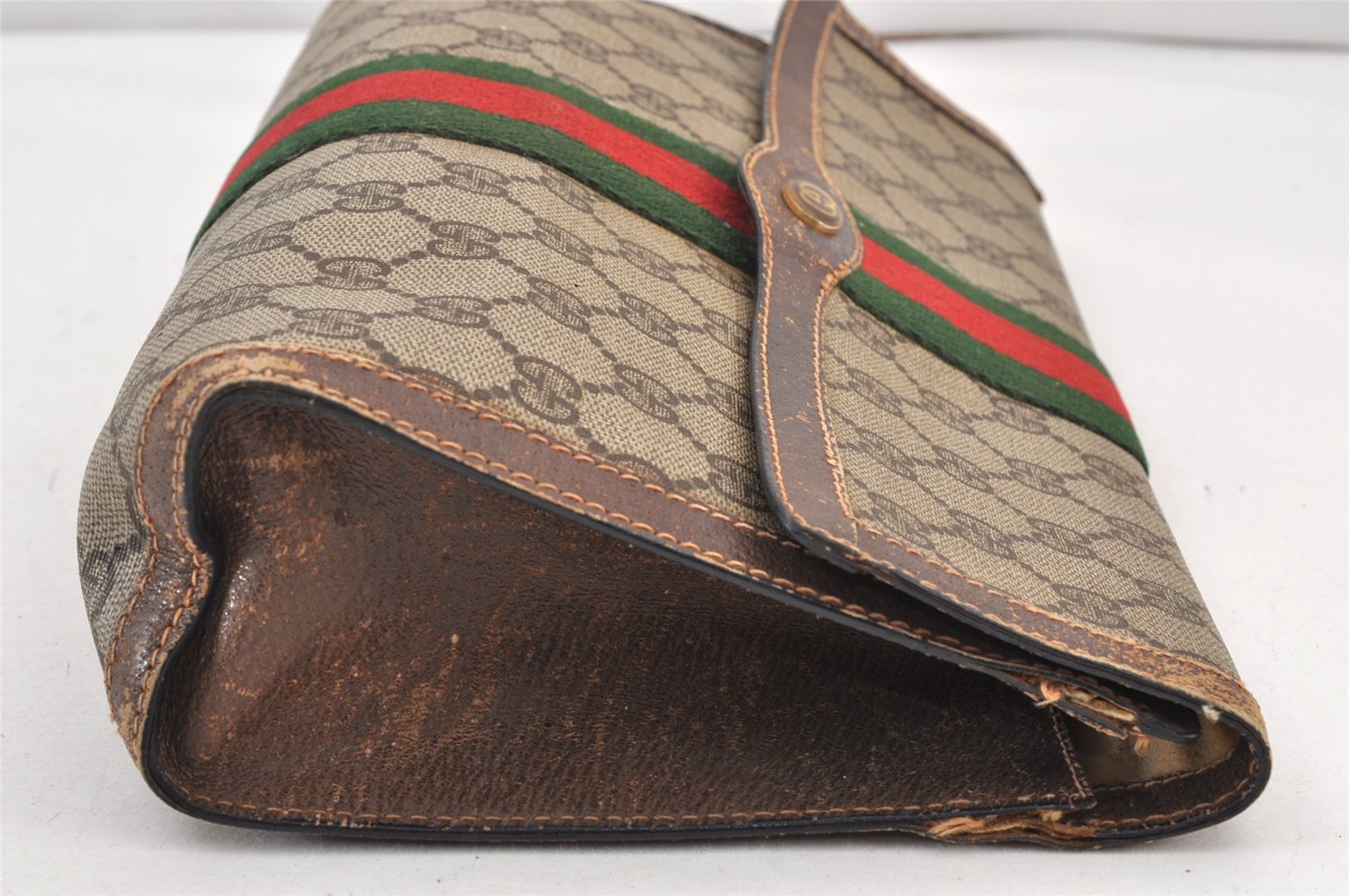 Authentic GUCCI Web Sherry Line Clutch Hand Bag GG PVC Leather Brown Junk 1263K
