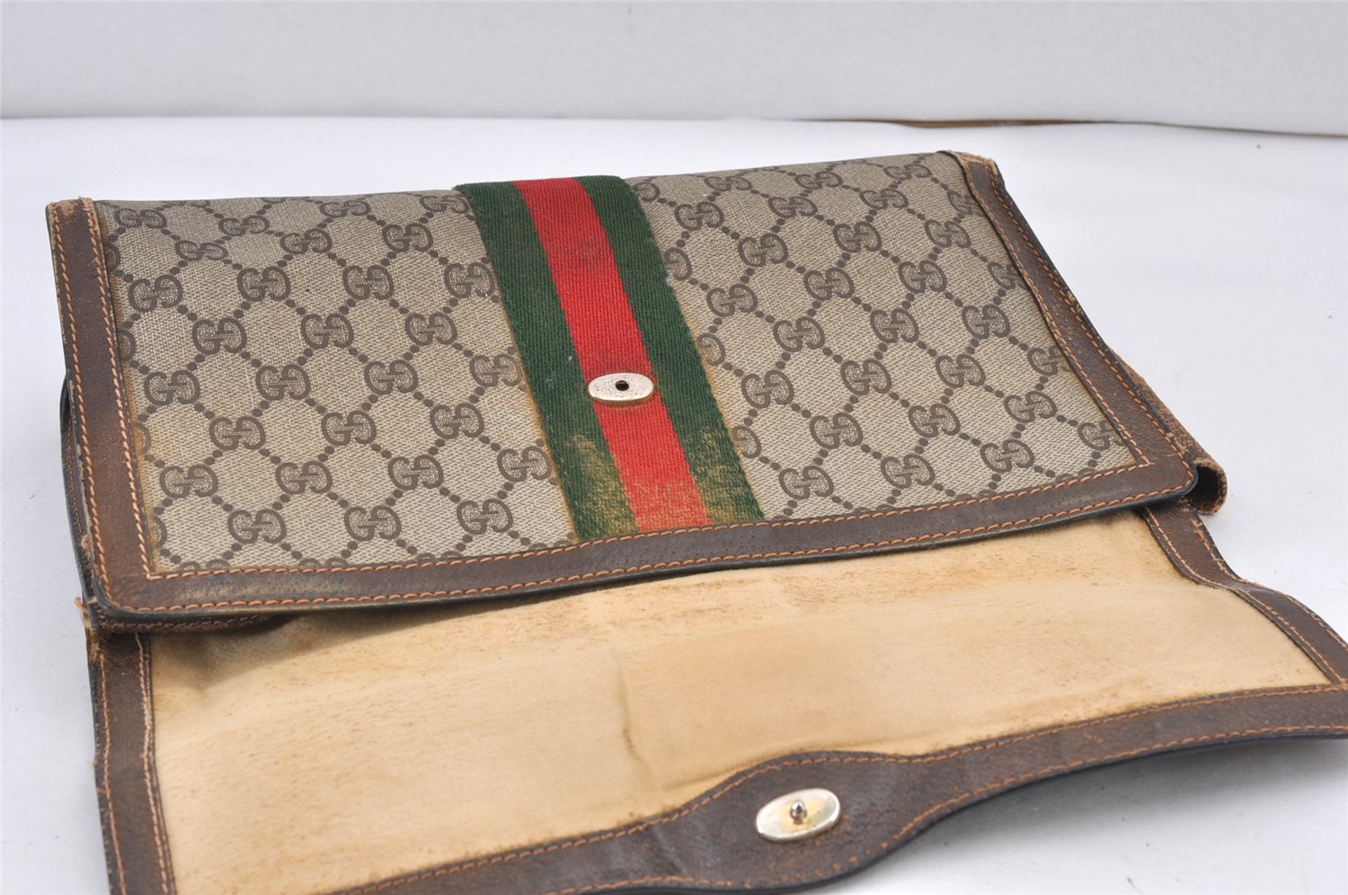 Authentic GUCCI Web Sherry Line Clutch Hand Bag GG PVC Leather Brown Junk 1263K