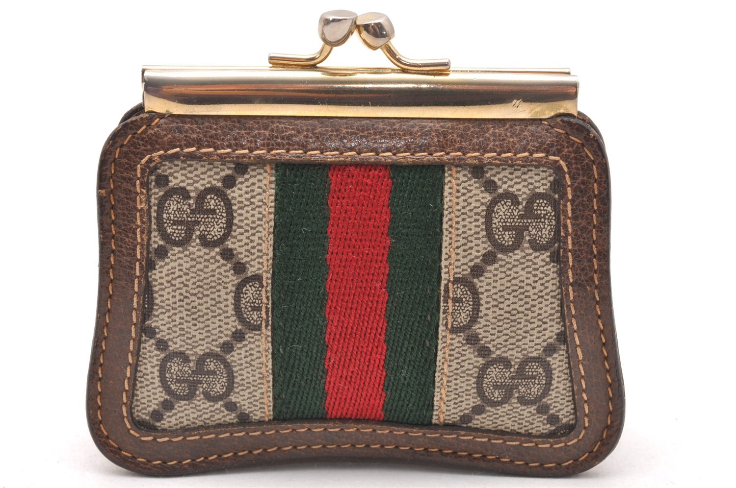 Authentic GUCCI Web Sherry Line Coin Case Purse GG PVC Leather Brown 1264J