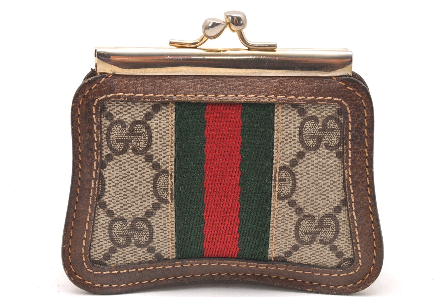 Authentic GUCCI Web Sherry Line Coin Case Purse GG PVC Leather Brown 1264J