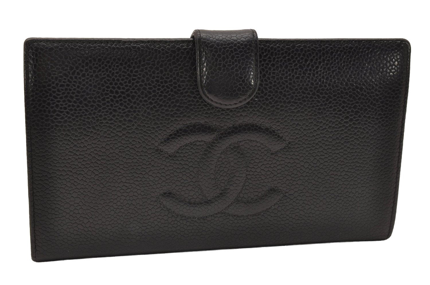 Authentic CHANEL Vintage Caviar Skin CC Logo Bifold Wallet Purse Black 1265J