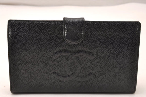 Authentic CHANEL Vintage Caviar Skin CC Logo Bifold Wallet Purse Black 1265J