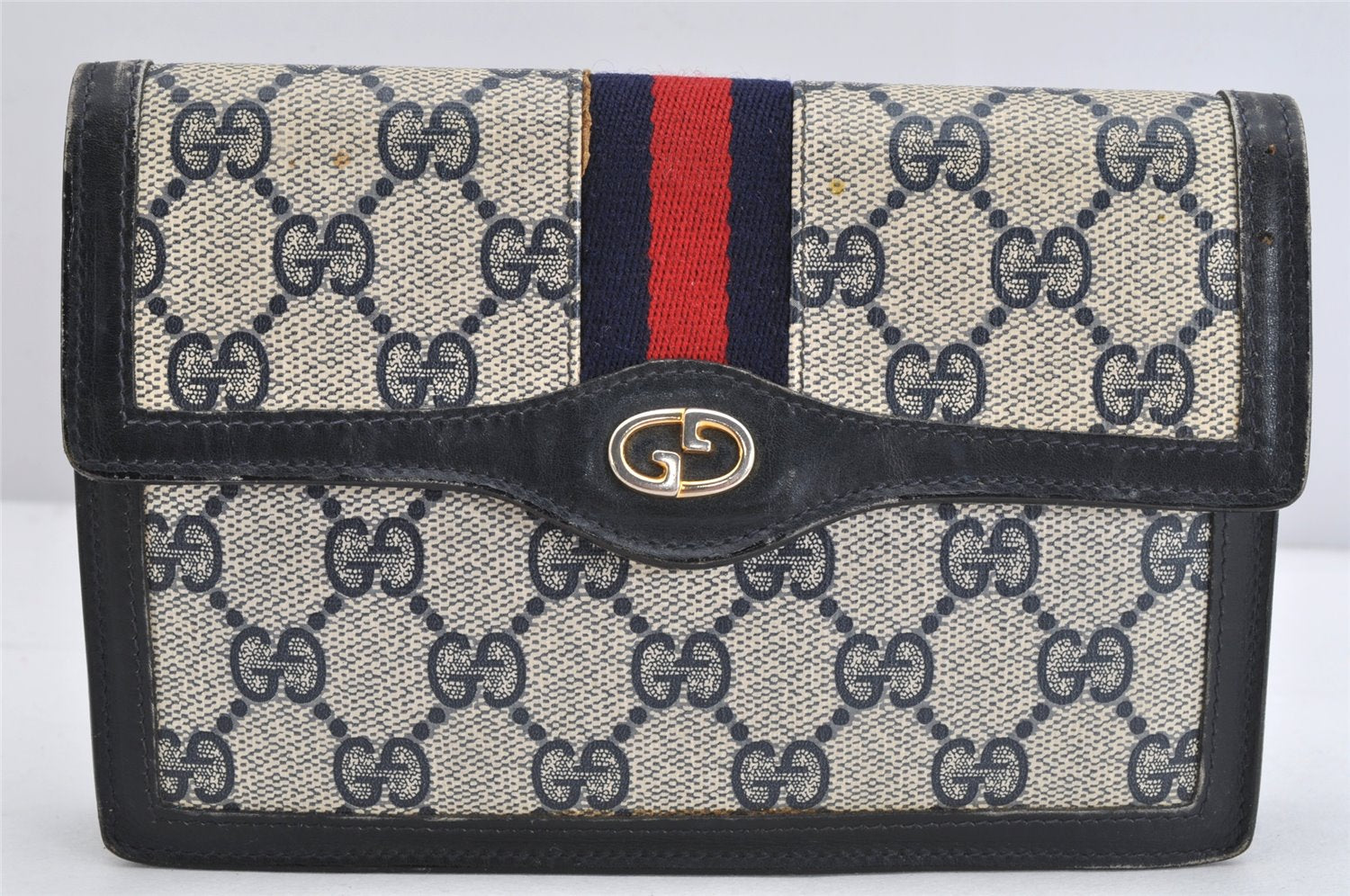 Authentic GUCCI Vintage Sherry Line Pouch Purse GG PVC Leather Navy Blue 1266K