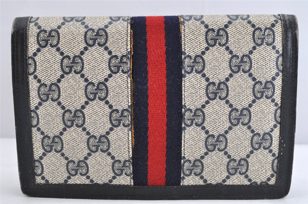 Authentic GUCCI Vintage Sherry Line Pouch Purse GG PVC Leather Navy Blue 1266K