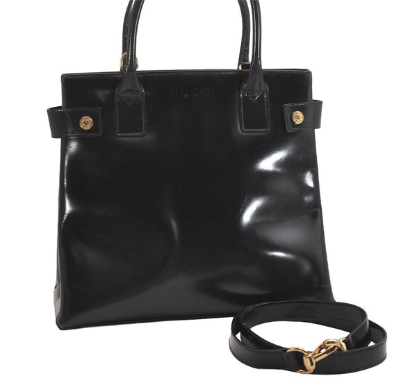 Authentic GUCCI Vintage 2Way Shoulder Hand Bag Purse Enamel Black Junk 1269I