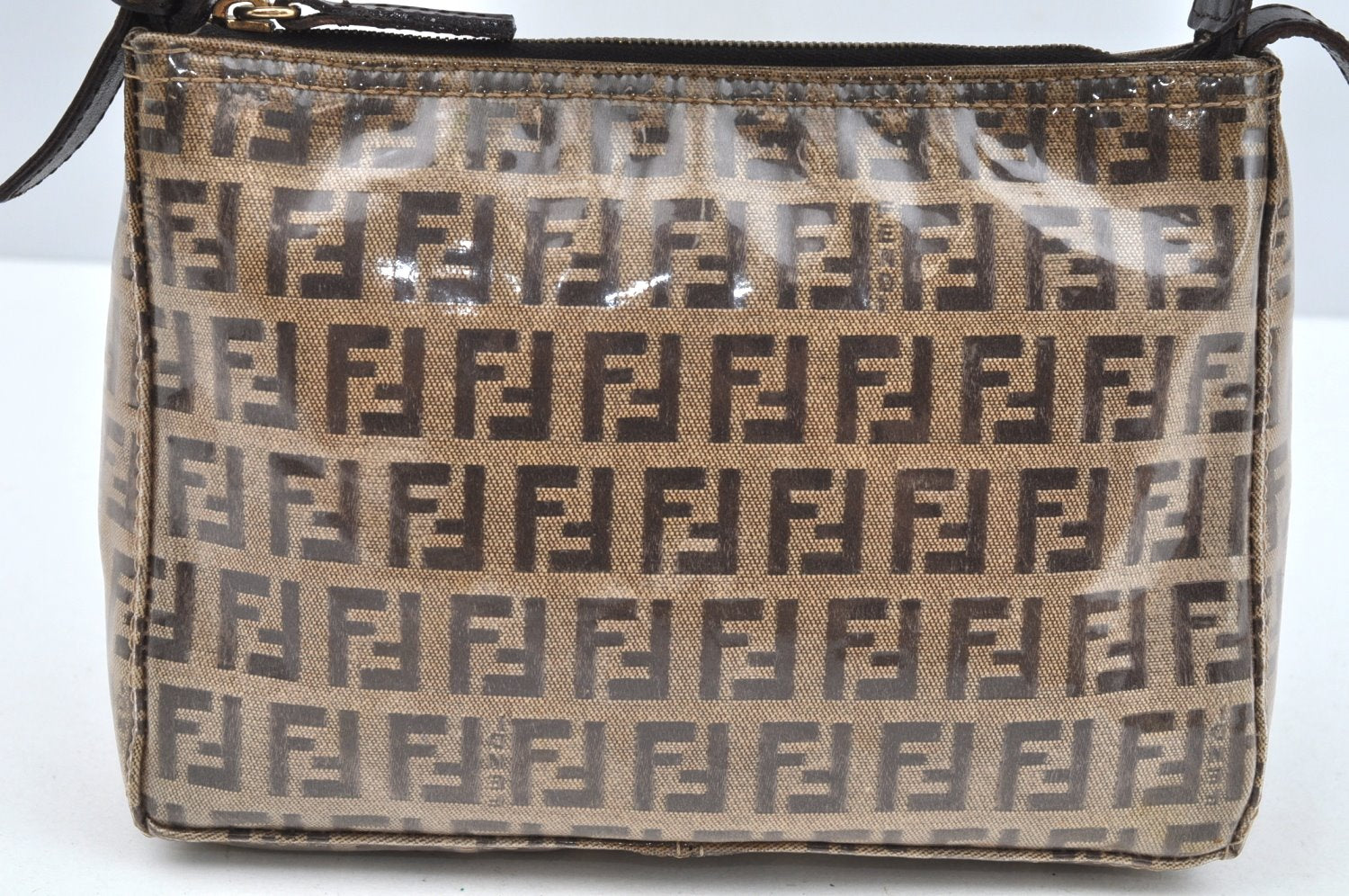 Authentic FENDI Zucchino Hand Bag Pouch Purse PVC Leather Brown 1271J