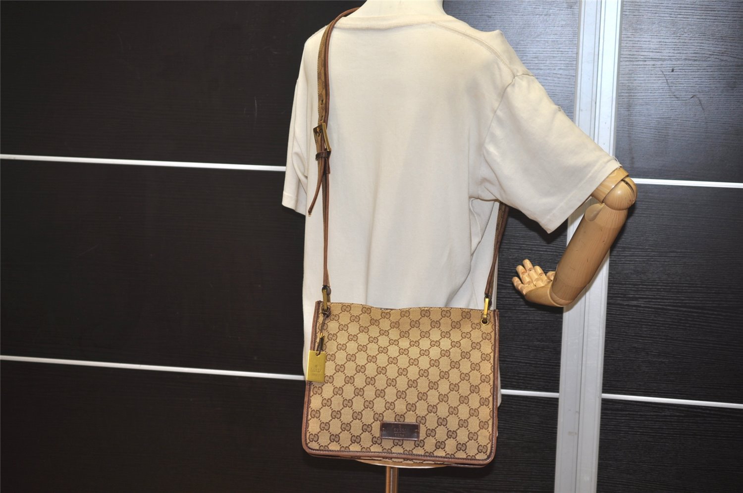 Authentic GUCCI Shoulder Cross Body Bag GG Canvas Leather 91762 Brown 1274K