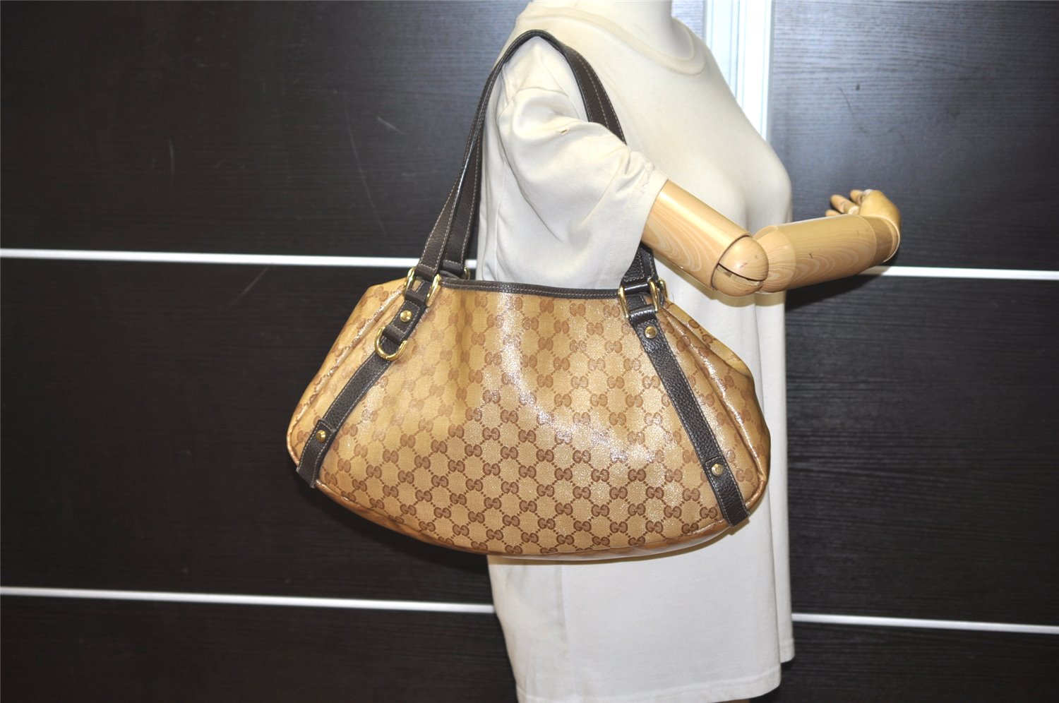 Authentic GUCCI GG Crystal Abbey Tote Bag GG PVC Leather 293578 Brown 1275K