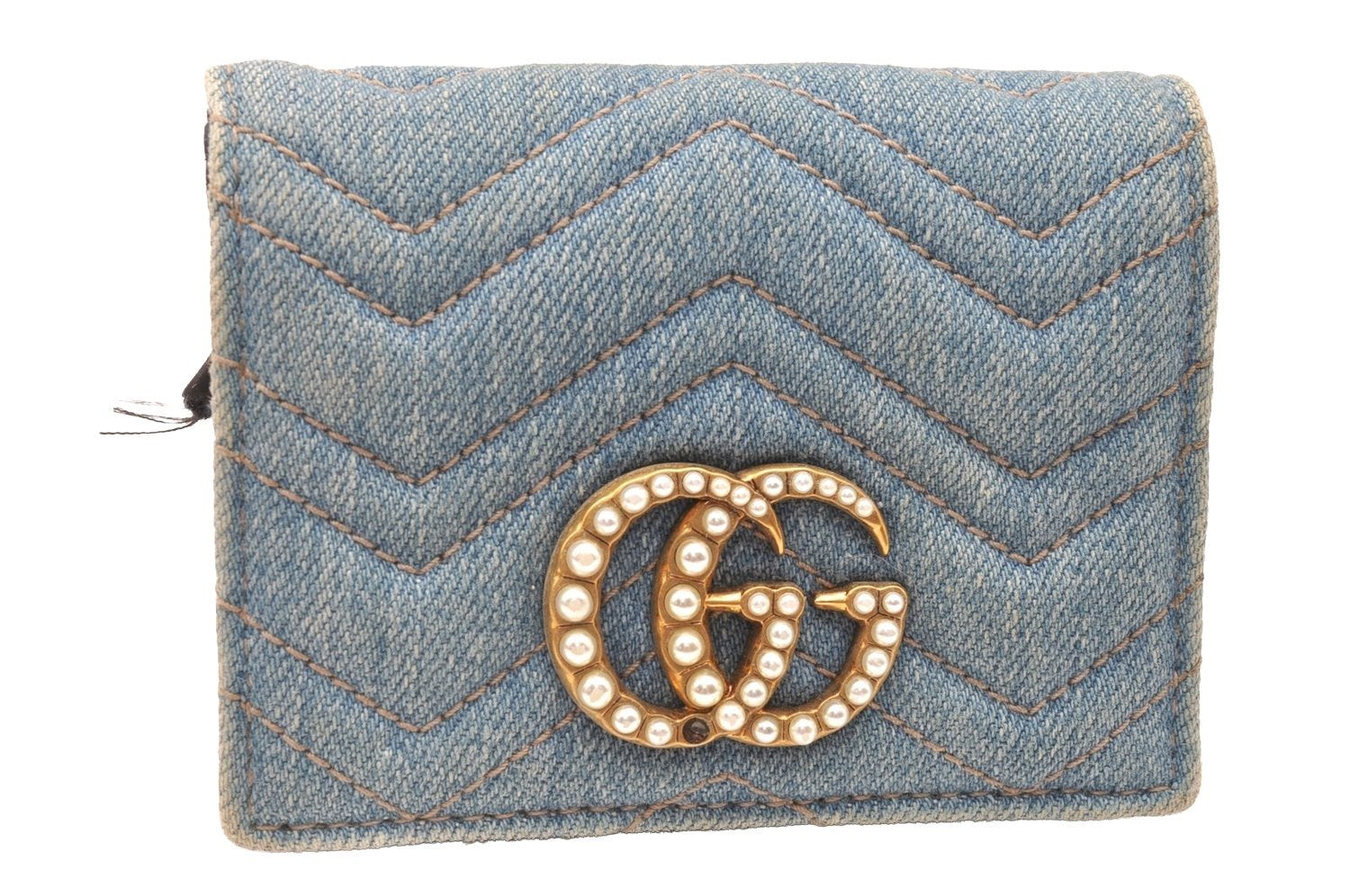 Authentic GUCCI GG Marmont Double G Bifold Wallet Denim 466492 Light Blue 1276J