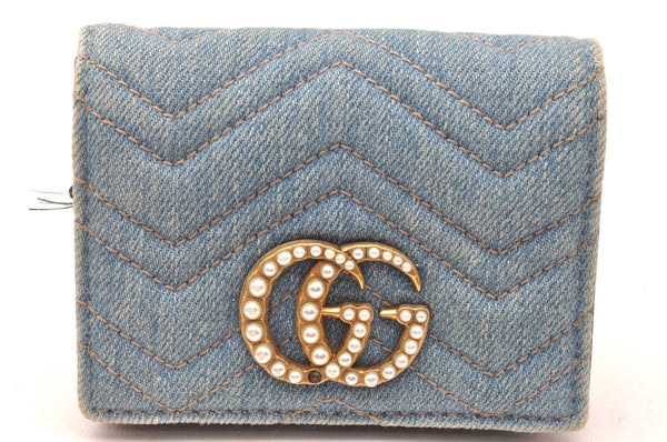 Authentic GUCCI GG Marmont Double G Bifold Wallet Denim 466492 Light Blue 1276J