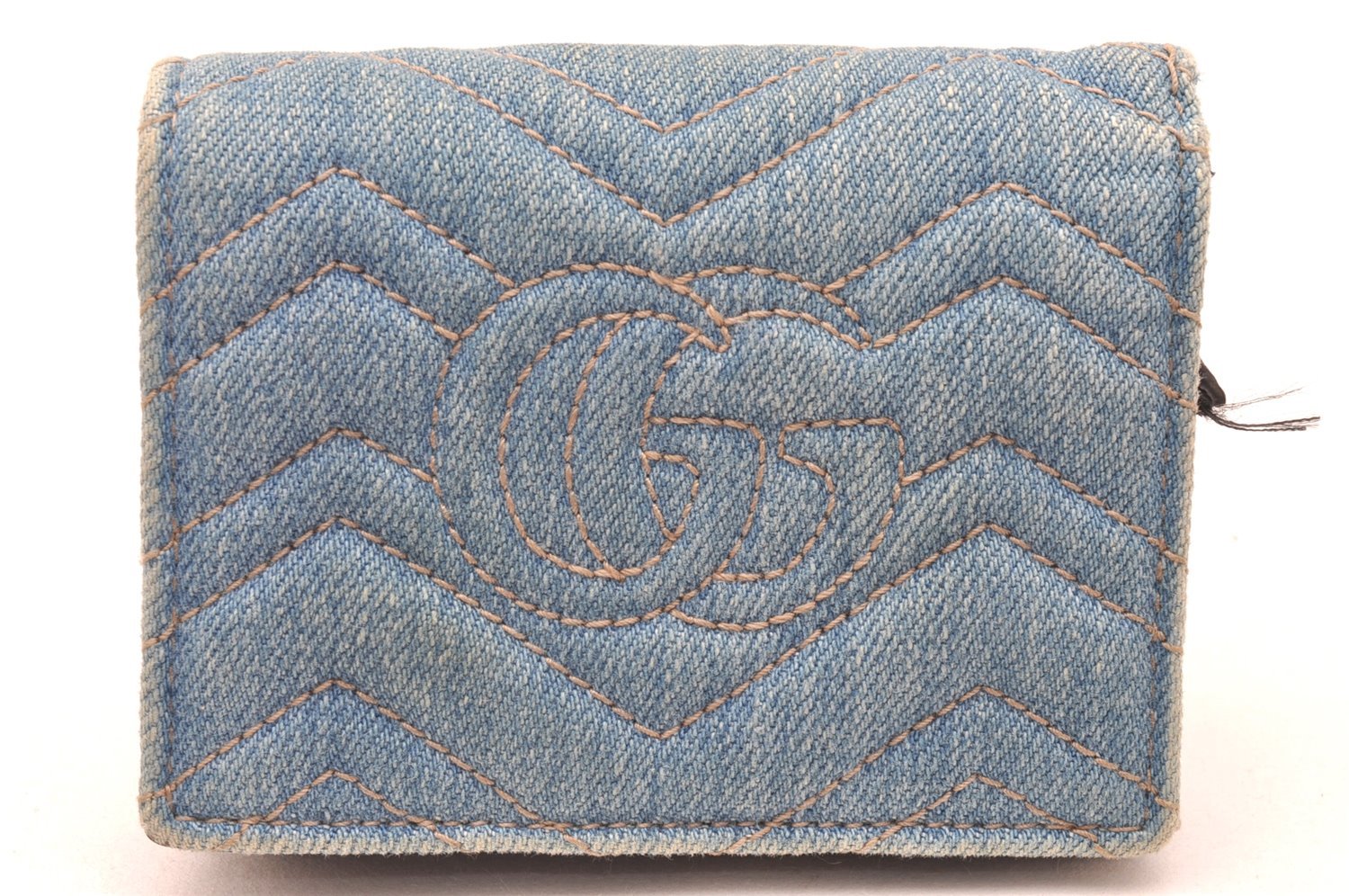 Authentic GUCCI GG Marmont Double G Bifold Wallet Denim 466492 Light Blue 1276J