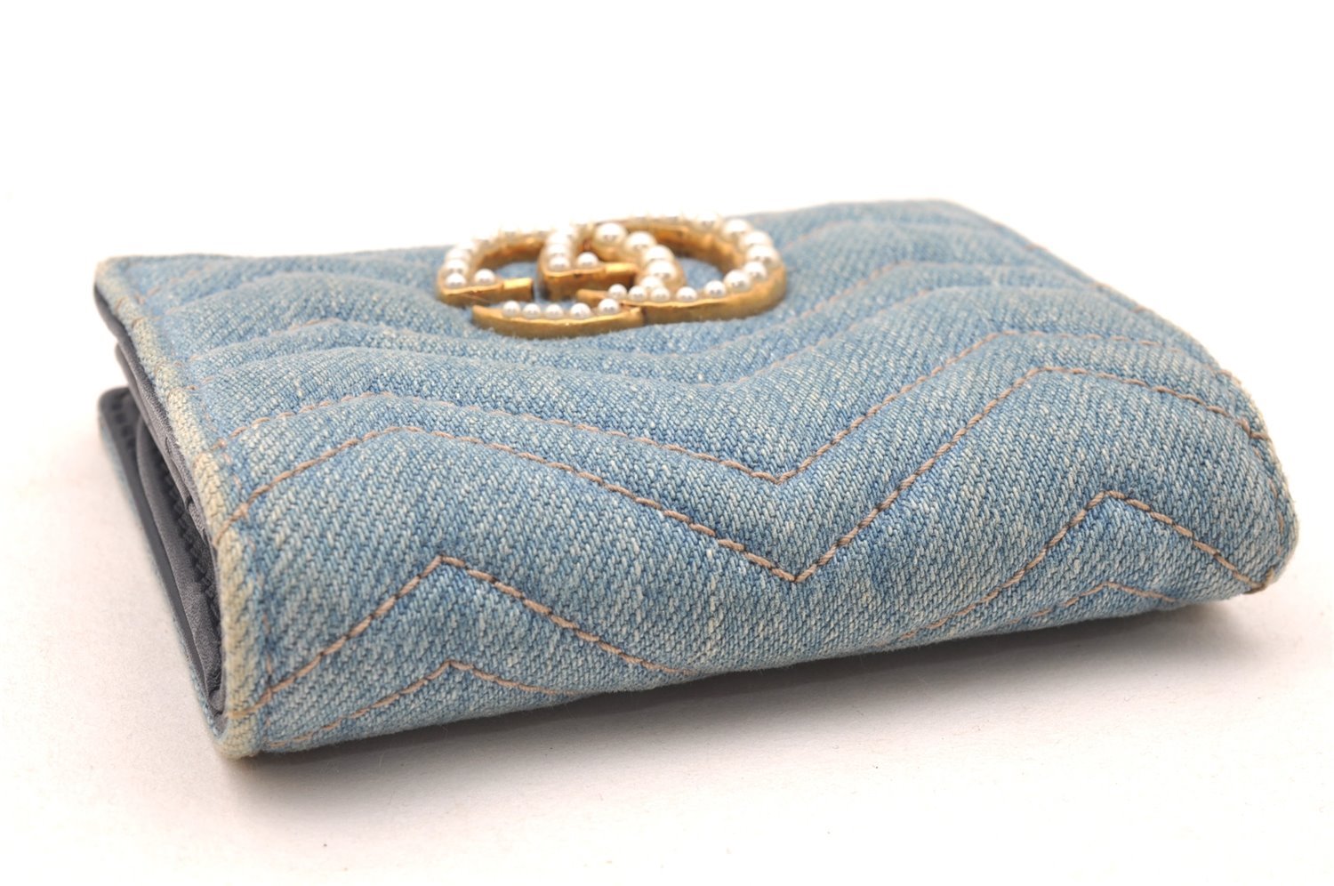 Authentic GUCCI GG Marmont Double G Bifold Wallet Denim 466492 Light Blue 1276J