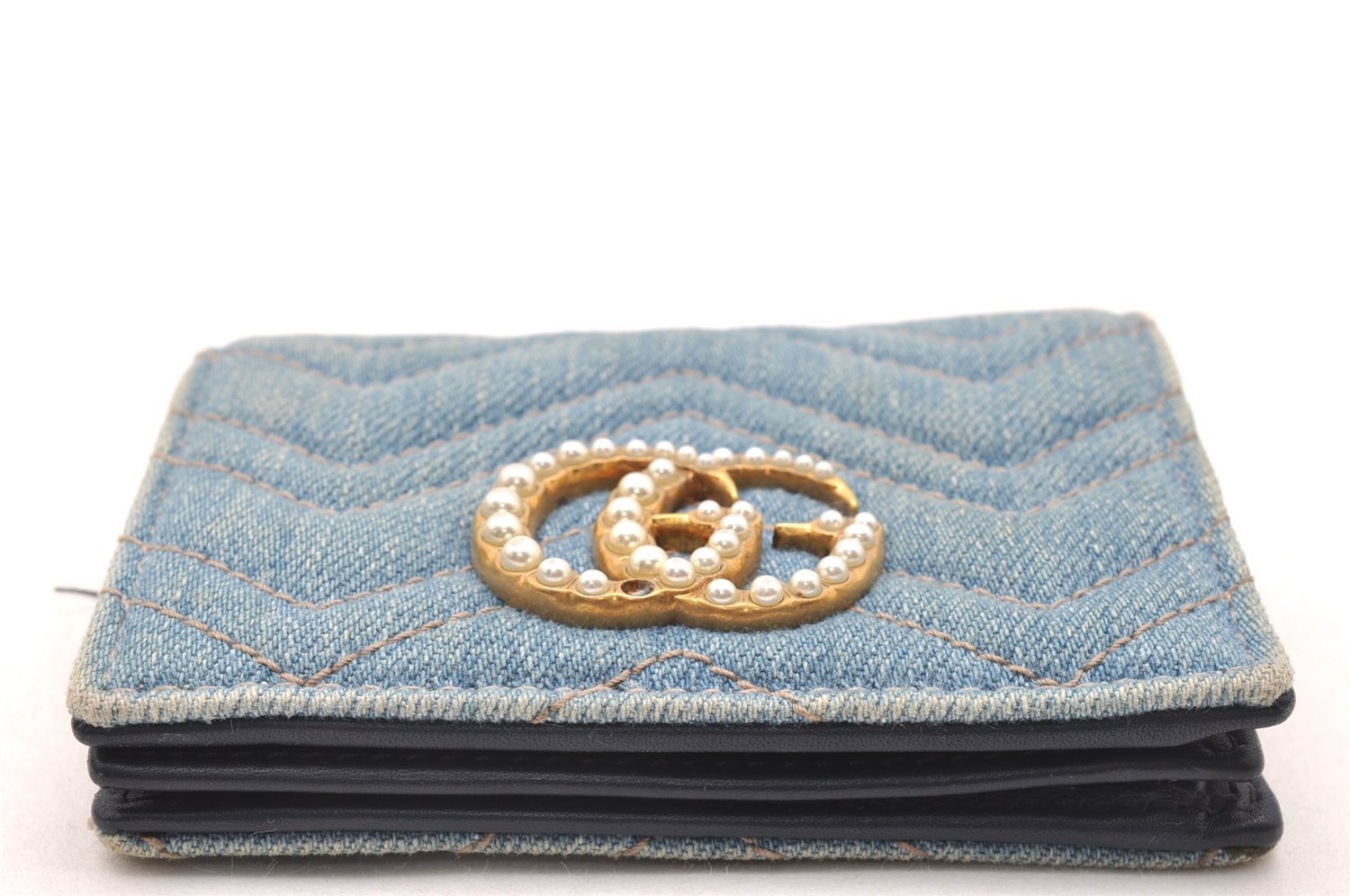 Authentic GUCCI GG Marmont Double G Bifold Wallet Denim 466492 Light Blue 1276J