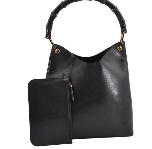Authentic GUCCI Vintage Bamboo Shoulder Hand Bag Purse Leather Black 1276K