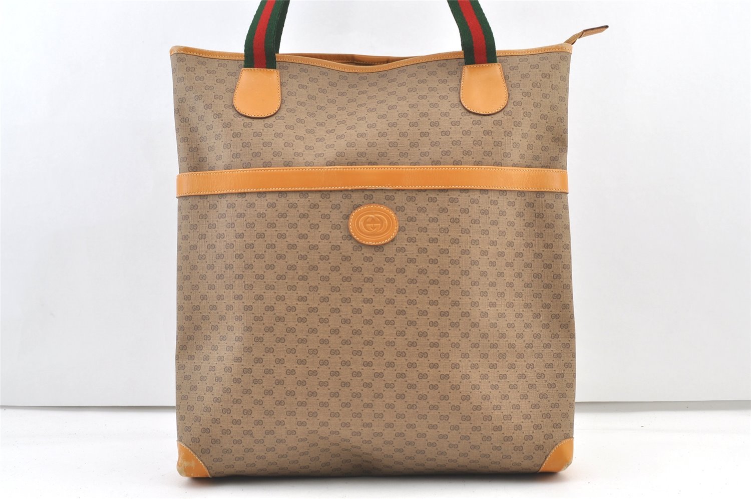 Authentic GUCCI Web Sherry Line Micro GG PVC Leather Tote Bag Brown 1278K