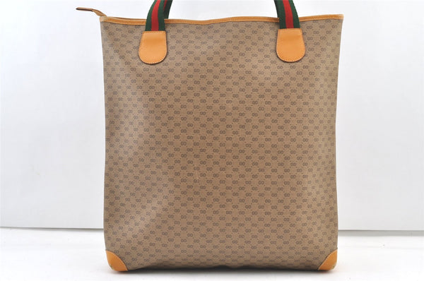 Authentic GUCCI Web Sherry Line Micro GG PVC Leather Tote Bag Brown 1278K