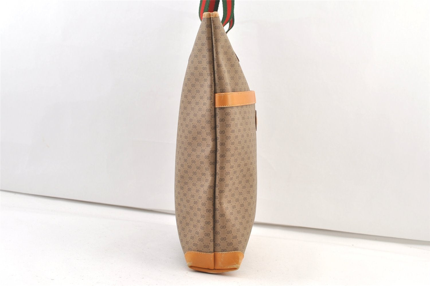 Authentic GUCCI Web Sherry Line Micro GG PVC Leather Tote Bag Brown 1278K