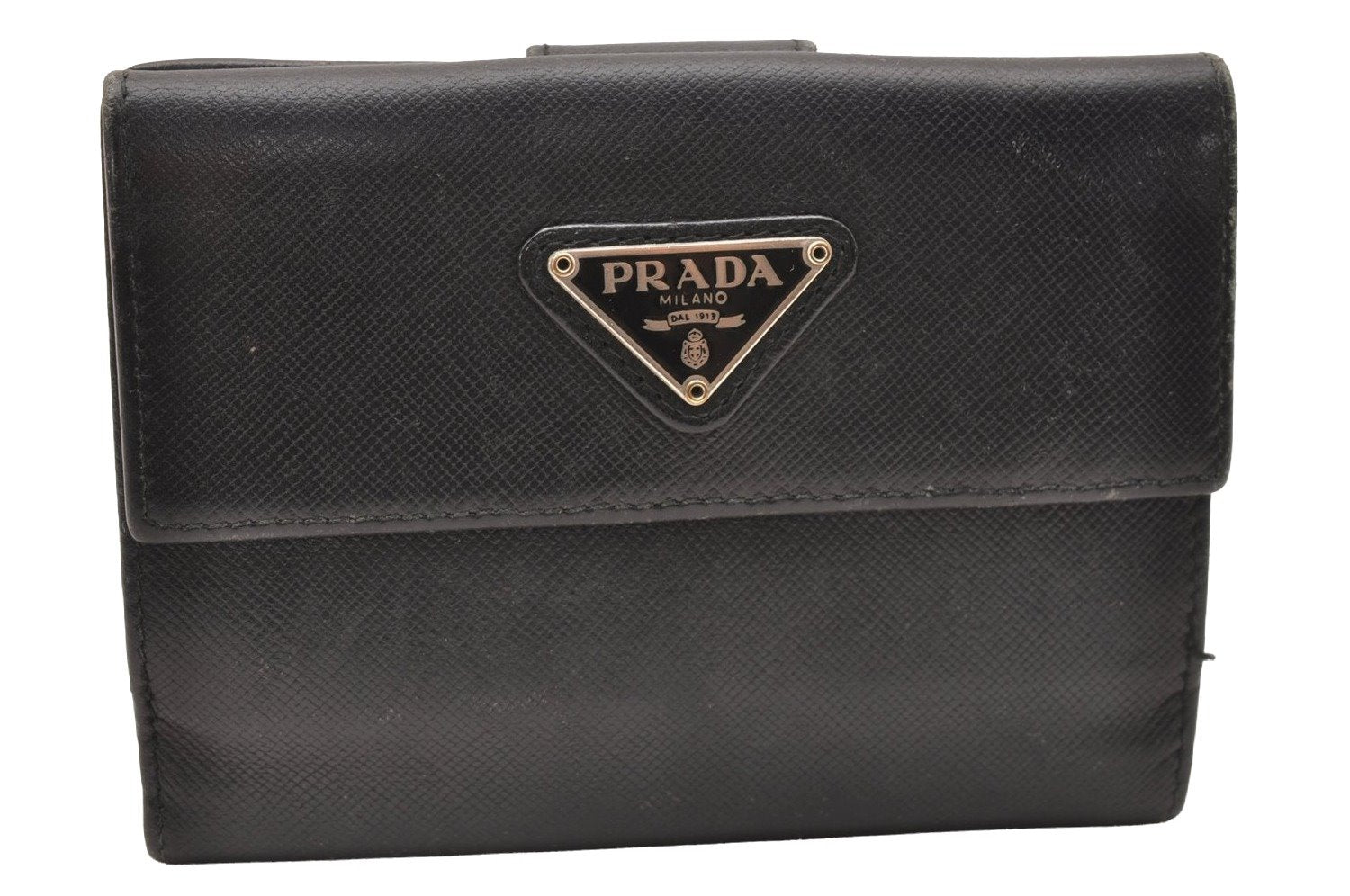 Authentic PRADA Saffiano Triangle Leather Bifold Wallet Purse Black 1281J