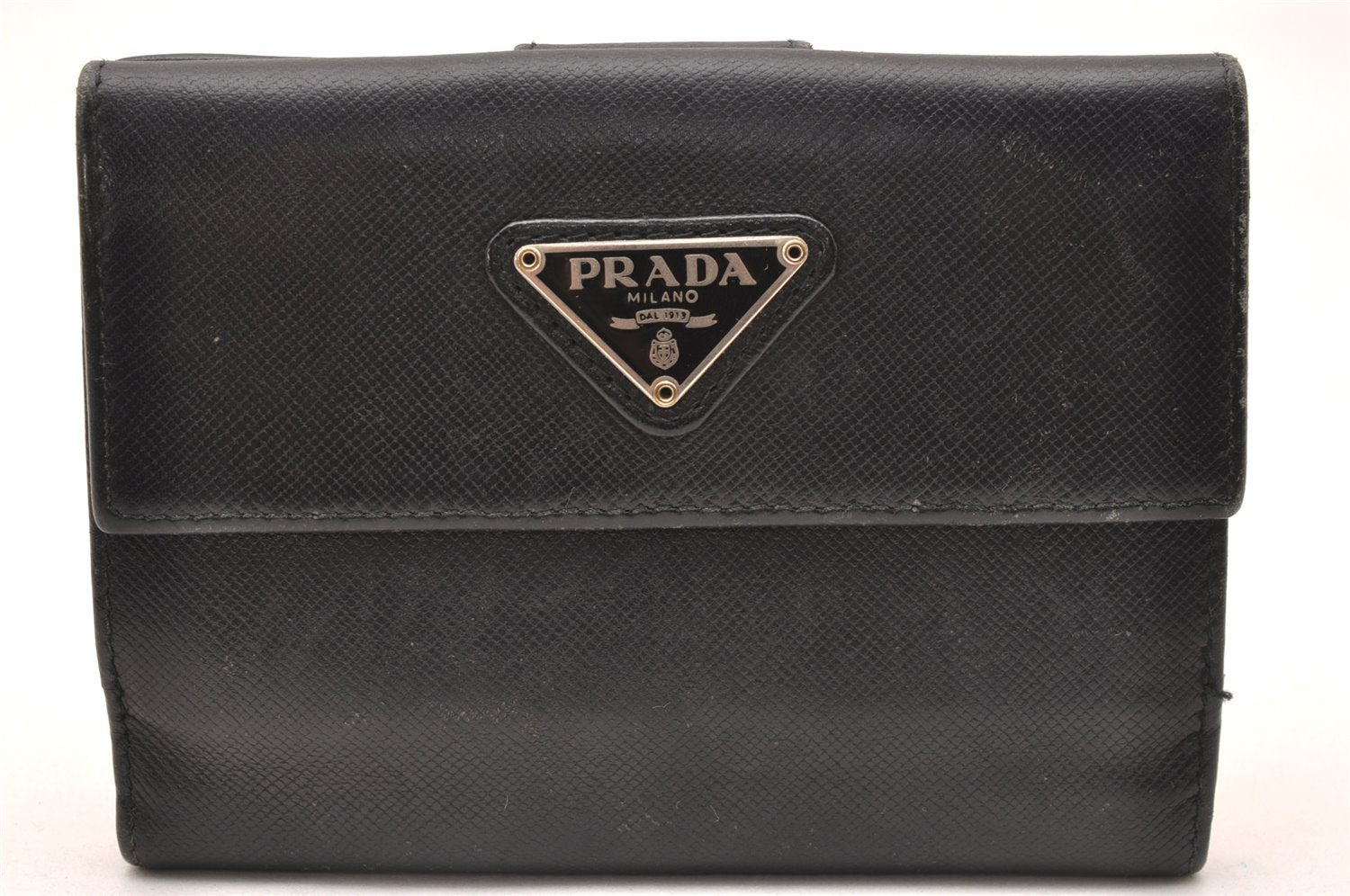 Authentic PRADA Saffiano Triangle Leather Bifold Wallet Purse Black 1281J