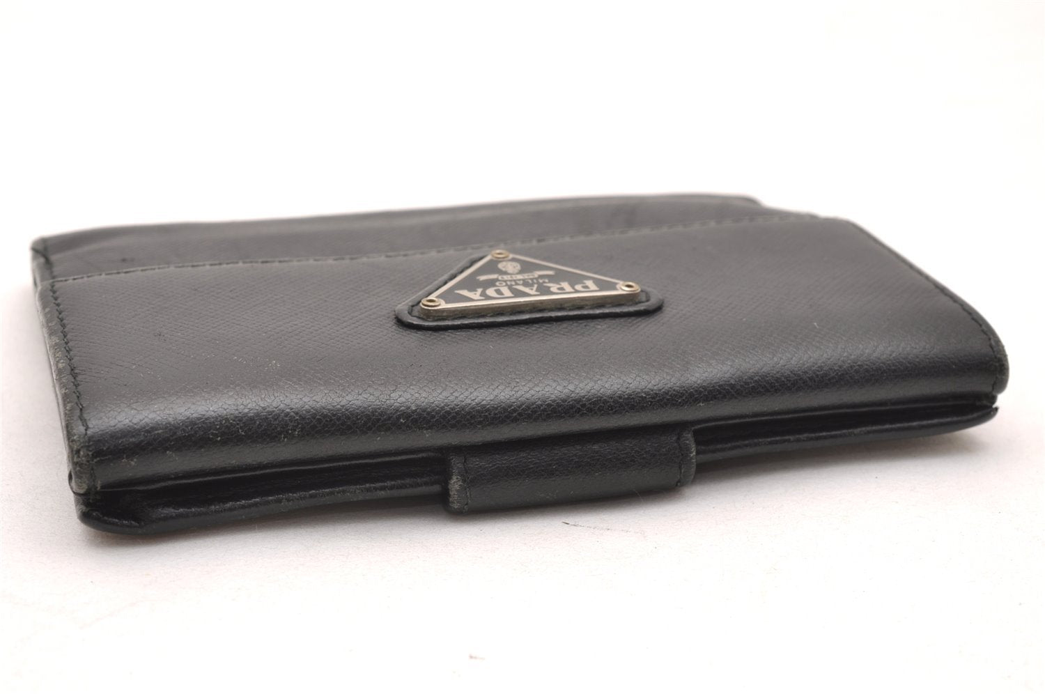 Authentic PRADA Saffiano Triangle Leather Bifold Wallet Purse Black 1281J