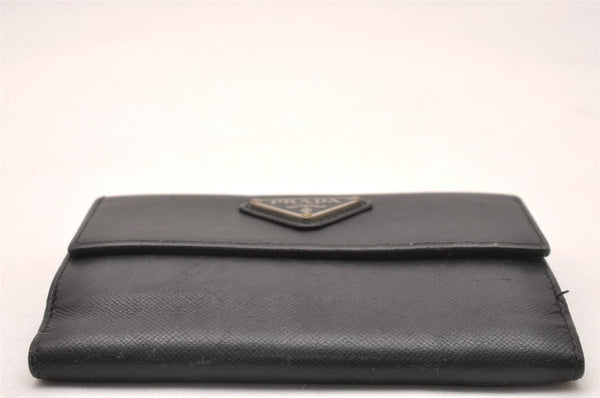 Authentic PRADA Saffiano Triangle Leather Bifold Wallet Purse Black 1281J