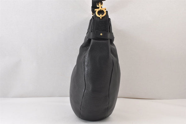 Authentic Salvatore Ferragamo Gancini Leather Shoulder Tote Bag Black 1303K