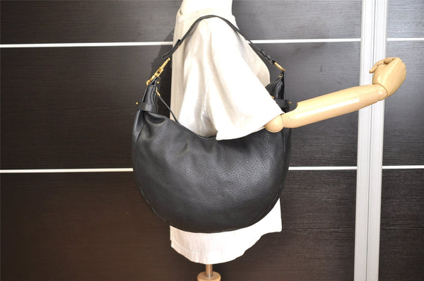 Authentic Salvatore Ferragamo Gancini Leather Shoulder Tote Bag Black 1303K
