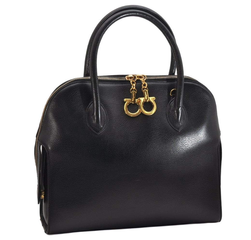 Authentic Salvatore Ferragamo Gancini Leather 2Way Shoulder Hand Bag Black 1304K