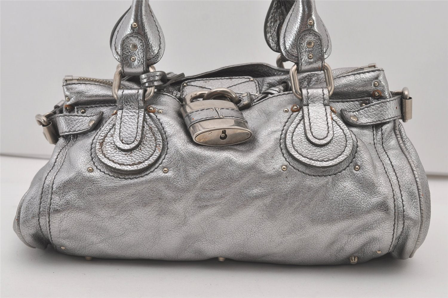 Authentic Chloe Vintage Paddington Leather Shoulder Hand Bag Silver 1305J