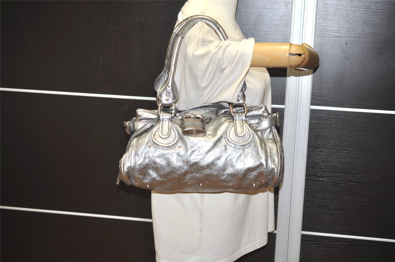 Authentic Chloe Vintage Paddington Leather Shoulder Hand Bag Silver 1305J