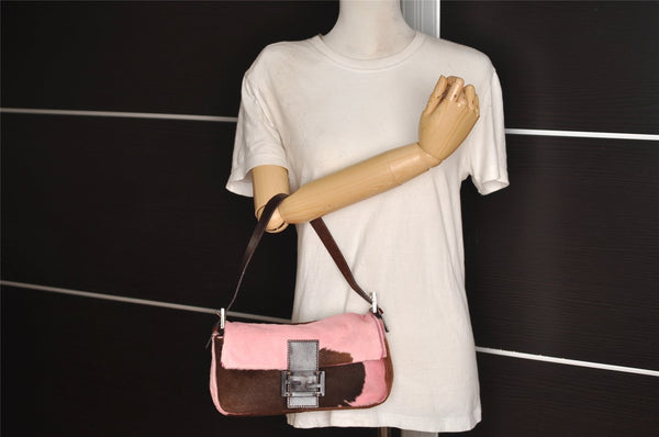 Authentic FENDI Mamma Baguette Shoulder Bag Unborn Calf Leather Brown Pink 1306J