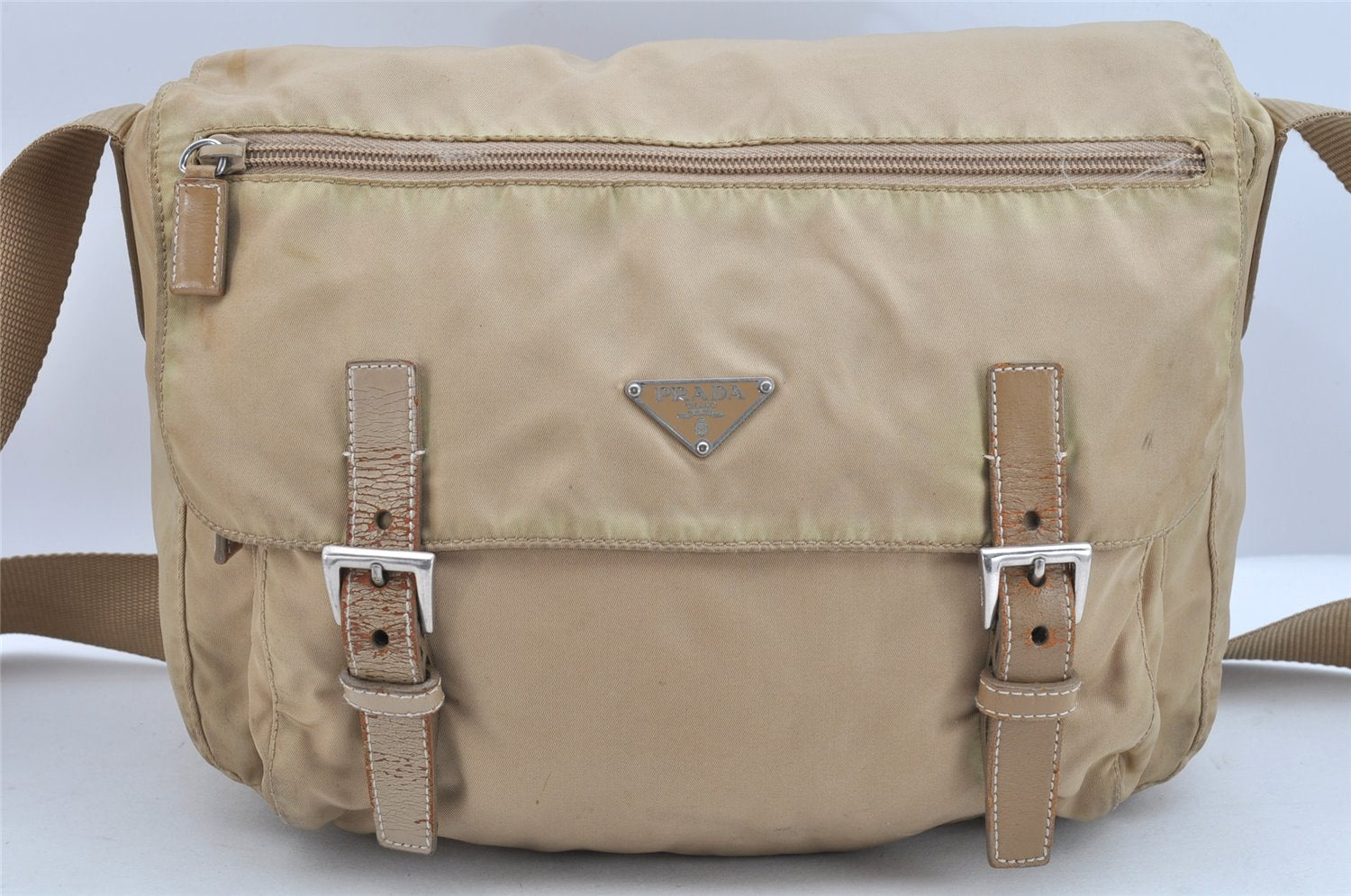 Authentic PRADA Nylon Leather Shoulder Cross Body Bag Purse Beige 1315K