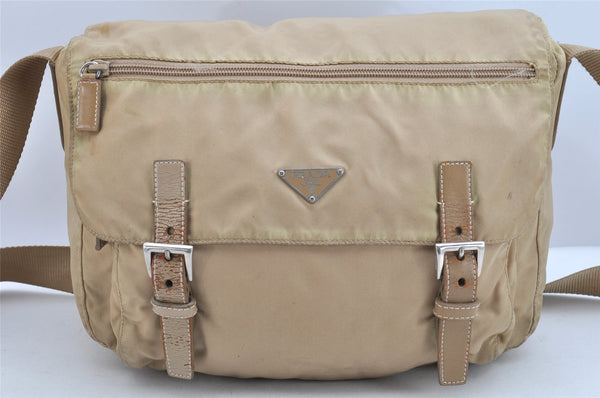 Authentic PRADA Nylon Leather Shoulder Cross Body Bag Purse Beige 1315K