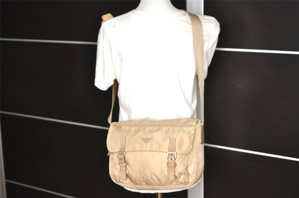 Authentic PRADA Nylon Leather Shoulder Cross Body Bag Purse Beige 1315K