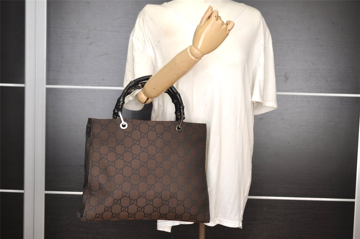 Authentic GUCCI Vintage Bamboo Hand Bag GG Nylon Leather 0021010 Brown 1317I