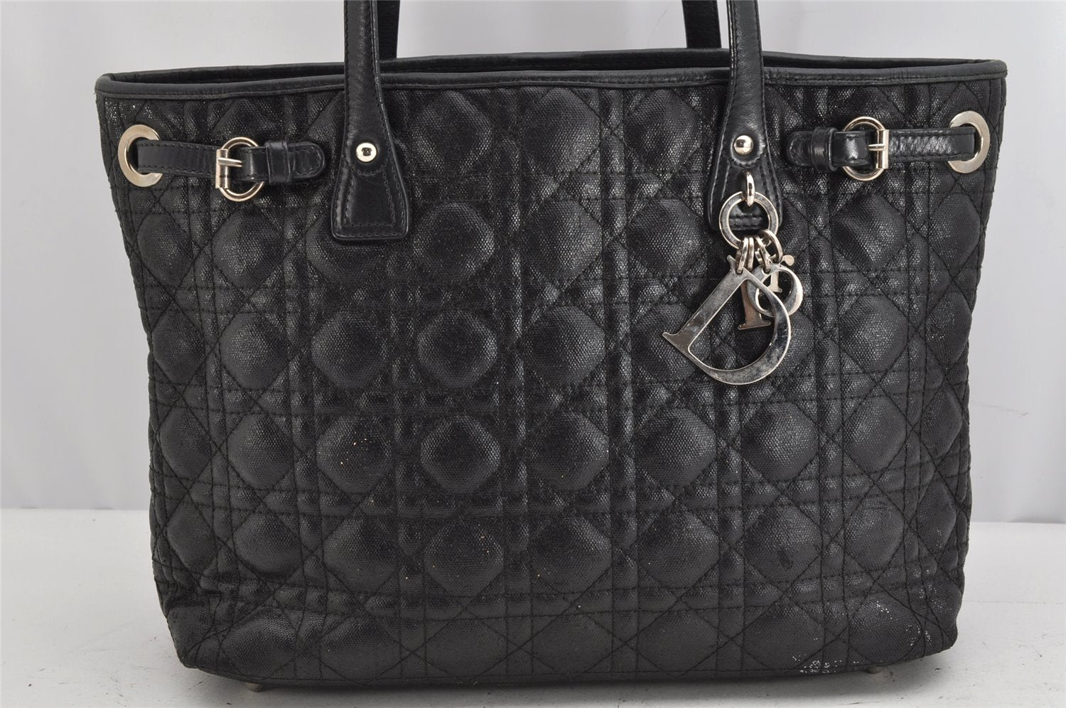 Authentic Christian Dior Panarea Cannage Tote Bag PVC Leather Black 1319K