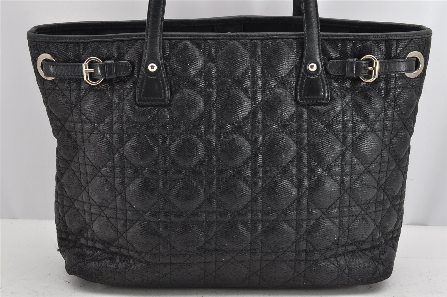 Authentic Christian Dior Panarea Cannage Tote Bag PVC Leather Black 1319K