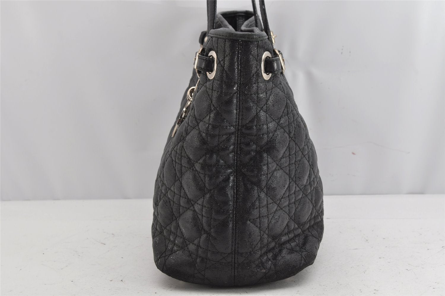 Authentic Christian Dior Panarea Cannage Tote Bag PVC Leather Black 1319K