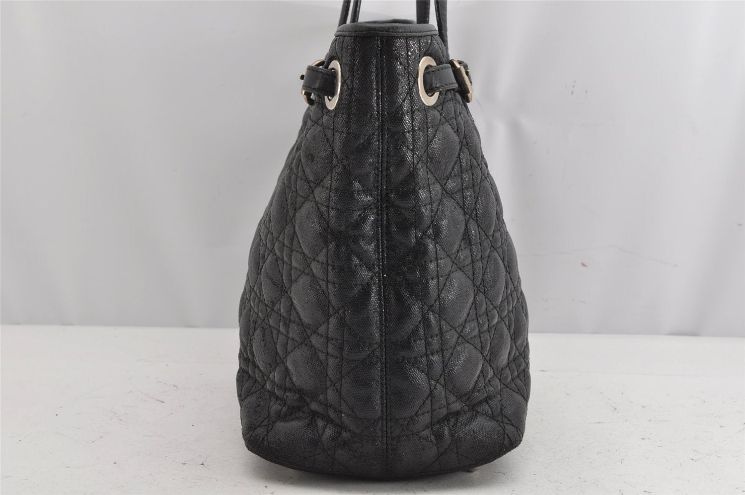 Authentic Christian Dior Panarea Cannage Tote Bag PVC Leather Black 1319K
