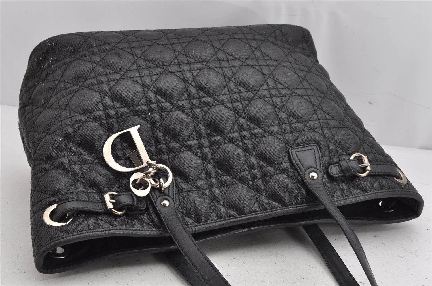 Authentic Christian Dior Panarea Cannage Tote Bag PVC Leather Black 1319K