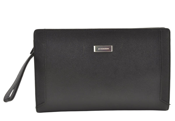 Authentic BURBERRY Vintage Leather Clutch Hand Bag Purse Black 1320K