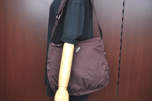 Auth PRADA Nylon Tessuto Leather Shoulder Cross Body Bag Purse Brown Junk 1329I
