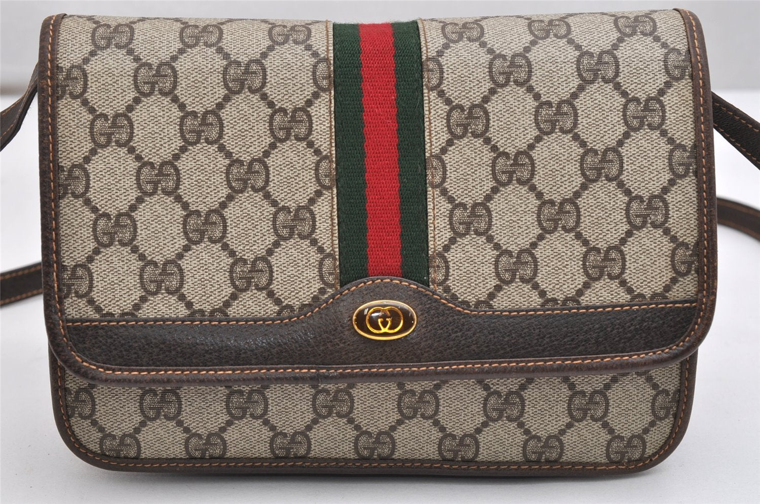 Authentic GUCCI Web Sherry Line Shoulder Bag GG PVC Leather Brown Junk 1332K