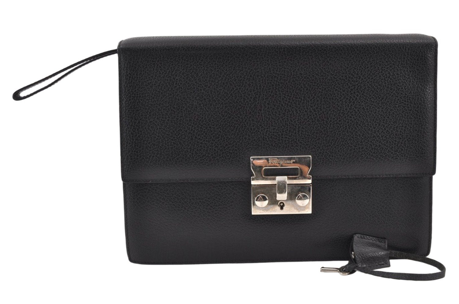 Authentic Salvatore Ferragamo Vintage Leather Clutch Hand Bag Purse Black 1341K